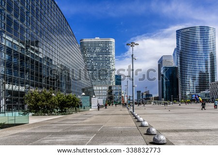 PARIS, FRANCE - MAY 13, 2014: View of business district of Defense to the west of Paris. Defense is biggest business district in France and most of large companies have offices here.