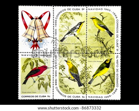 CUBA - CIRCA 1965: A block of six stamps printed in Cuba shows the bird life with the inscription \