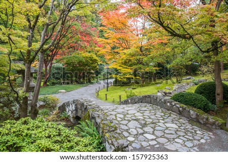 Fall Foliage Walking Path Japanese Garden. Copy space.