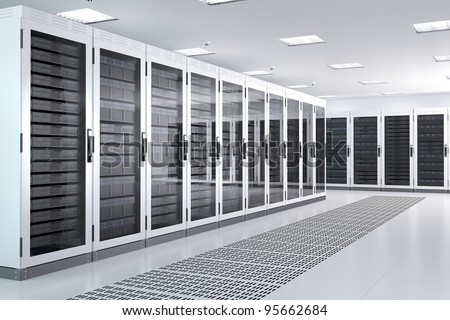 White Server Room Network/communications server cluster in a server room. CG Image.