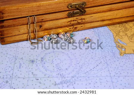 nautical chart with diamonds, gold and chest