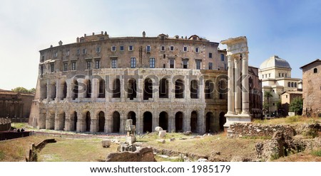 The ancient Theatre of Marcellus (13 BC) in Rome was begun by Julius Caesar, but finished by Augustus, the first of Rome\'s emperors and is based on on the Greek theater plan.
