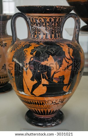 An ancient greek vase with mythological paintings (black on red)