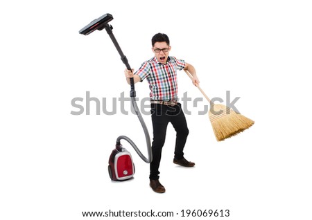 Man with vacuum cleaner and broom on white