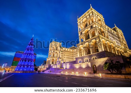 Baku - JANUARY 3, 2014: Government House on January 3 in Azerbaijan, Baku. Christmas Tree in front of the Government House
