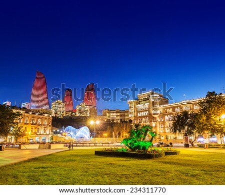 Azneft square during evening hours in Baku Azerbaijan