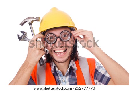 Funny construction worker with hammer and wrench isolated on white