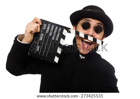 Young man with clapper-board isolated on white