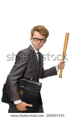 Young businessman with baseball bat isolated on white