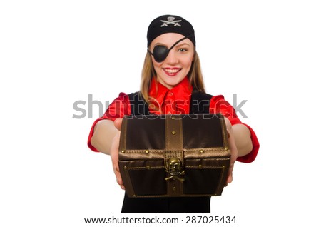 Pirate girl holding chest box isolated on white