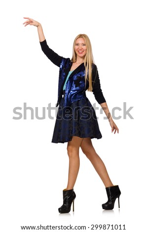 Blond hair girl in dark blue skirt isolated on white