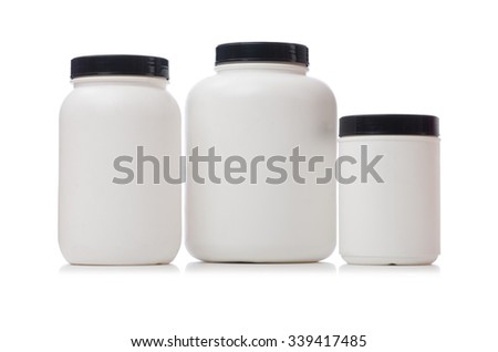 Jars with food additive protein isolated on white