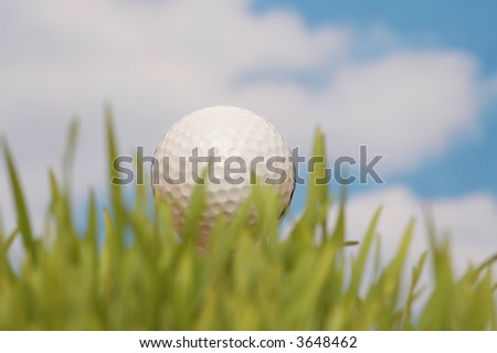 Golf ball and green grass against the blue sky