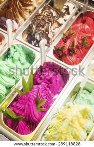 classic mixed traditional italian gelato ice cream in shop display