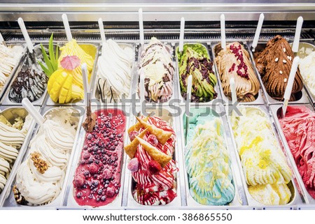 classic italian gourmet gelato gelatto ice cream display in shop