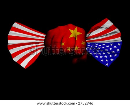 Fist painted with Chinese flag crumbles American flag. U.S. flag signaling distress