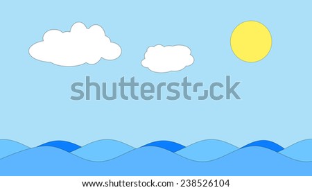 Cartoon landscape with sun, sky and sea