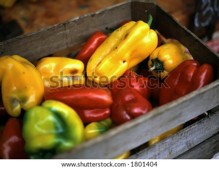 These colorful peppers in a crate are on display in Rome\'s Campo Dei\'Fiori marketplace.