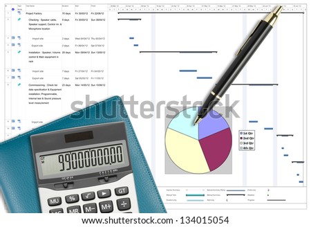 Project schedule analysis with pen, calculator & notebook on white paper planing