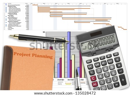Project schedule analysis with pen, calculator & recycle notebook on white paper planing