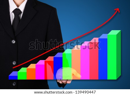 businessman present business statistic graph on blue