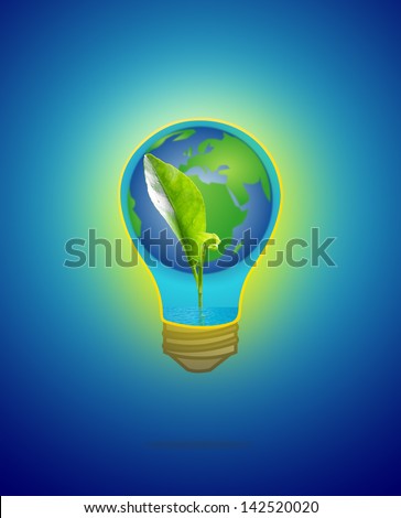 Green sprout growing from seed with water & earth in light bulb on blue