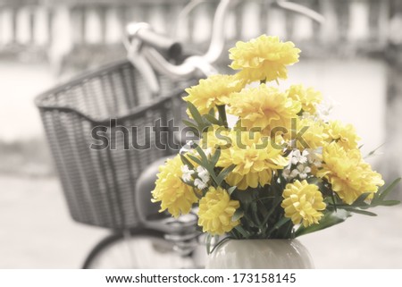 Marigold flower and old bicycle on street, soft focus with sepia