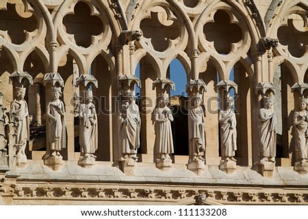 Detail of Gallery of the Apostles in Gable End of Coroneria Gate in The North Face of Burgos Cathedral, Burgos, Castilla y Leon. Spain