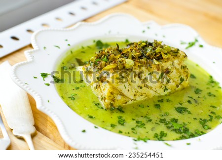 Cod in green sauce (Bacalao en salsa verde). Basque cuisine.