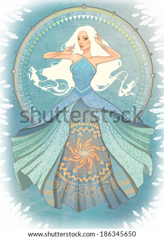 illustration of a mystic woman in long blue dress