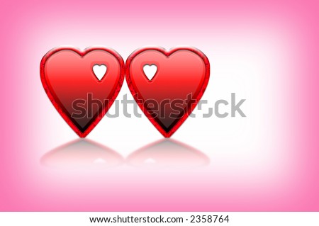 Two candy hearts on a white and pink background, with path.