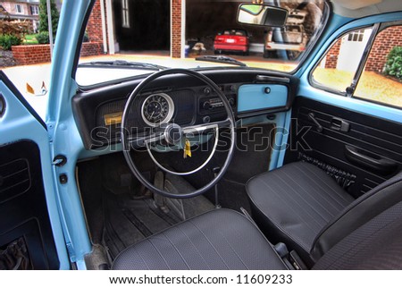 Interior view of an old antique car.