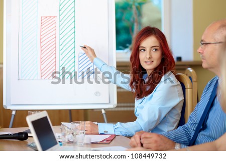 Attractive redhead businesswoman point to graphs on flip chart, conference room shoot