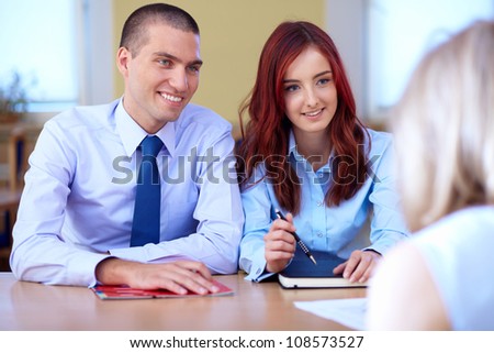 Job interview, two young colleagues from hr department and senior applicant