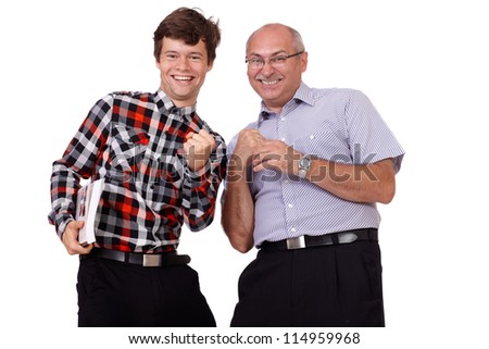 Portrait of excited two guys cheering success with clenched fists, isolated on white background