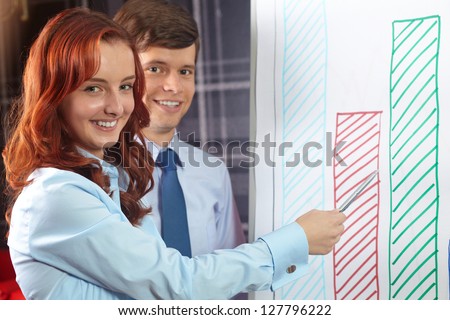 Attractive redhead businesswoman point to graphs on flip chart