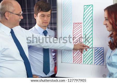 Senior businessman point to graphs on flip chart