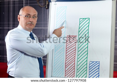 Senior businessman point to graphs on flip chart