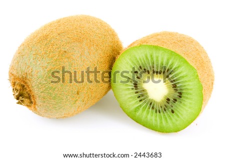 two Kiwi fruits, one whole fruit and one sliced in a half. Isolated on white
