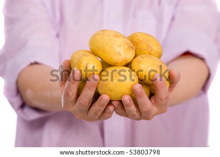 dry clean bunch of new potatoes in female hands, all isolated on white