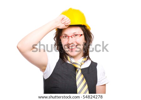 young female with hard hat, yellow tie and red glasses, studio shoot isolated on white background