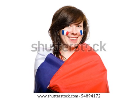 female wrapped in french flag, also flags on her cheeks, studio shoot isolated on white background