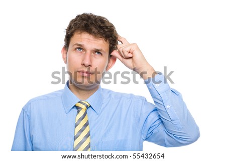 young businessman scratching his head, hard decision, studio shoot isolated on white background