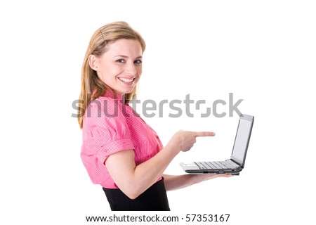 young attractive businesswoman points to small netbook, recommend, suggest concept, studio shoot isolated on white background