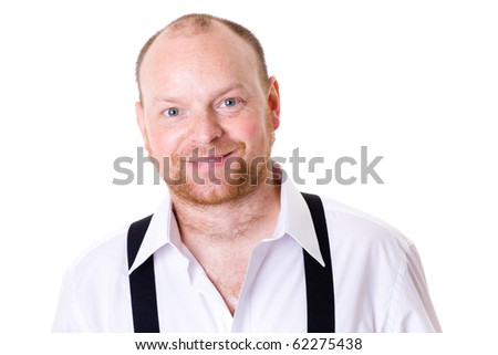 happy, smiling mature male in white shirt and braces, studio shoot isolated on white background