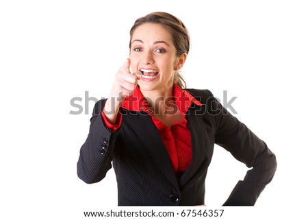 young irritated businesswoman, point with her finger and shout, isolated on white