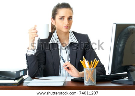 young attractive and pretty office worker have coffee break, isolated on white
