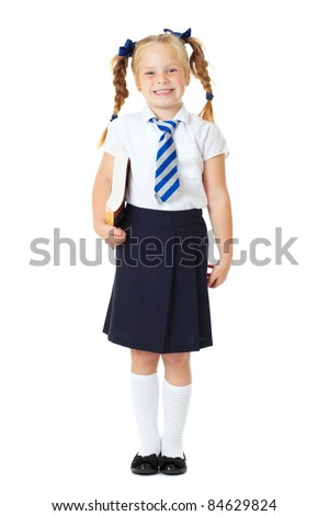 stock photo Blonde schoolgirl holds large book shoot over white