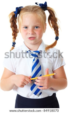 stock photo Blonde schoolgirl in white shirt and blue necktie holds yellow 