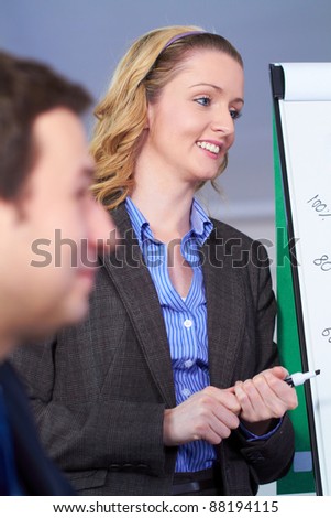 Young attractive blonde businesswoman standing next to flip chart, very positive face expression